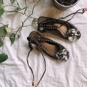 Boho Ankle Tie Slides 🌸 with Pom Poms